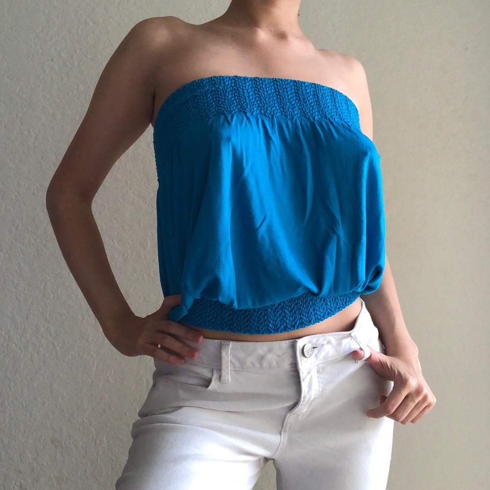 Bright Blue flowy Strapless Pullover Summer Top One Size Only Cute Girly